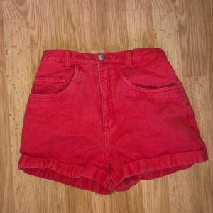 High waisted red denim shorts